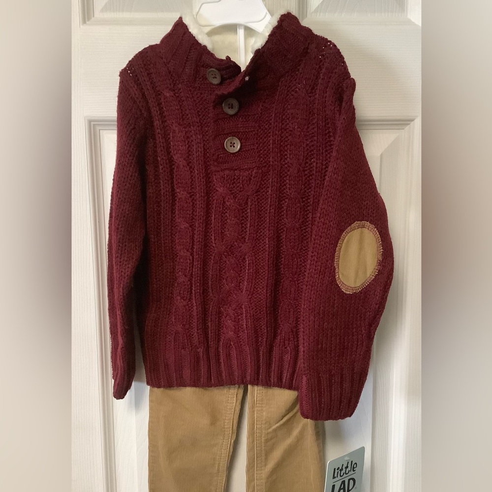New Maroon sweater with khaki corduroy pants